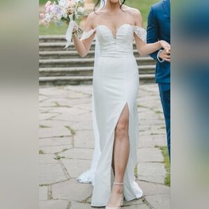 David's Bridal Off-Shoulder Cream Gown
